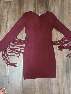 Charlotte Russe Burgundy Fringe-Sleeve Long Sleeve Dress